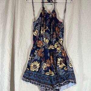 Fashion Nova Navy Blue Floral Halter Romper Sunflowers Small Boho Summer